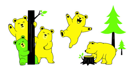 Cute Yellow Bears Cartoon Illustration - Forest Fun and Playful Animals © daun