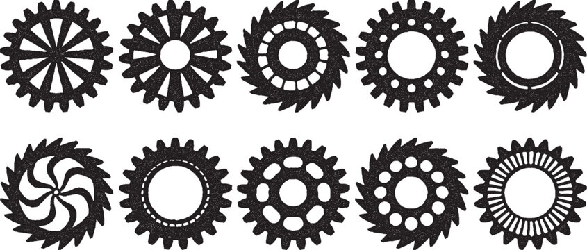 Set of vintage industrial gear wheels and mechanical cogwheel icons with distressed grunge texture for engineering and steampunk design
