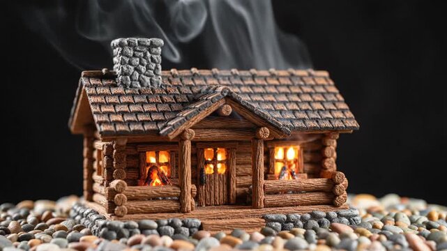 Miniature wooden log cabin featuring stone chimney with rising smoke, glowing orange light in windows, and a rustic porch on a pebble base against a solid black background.