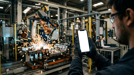 Fototapeta premium Factory Worker Using Smartphone to Monitor Robotic Arm Welding in Advanced Manufacturing Facility