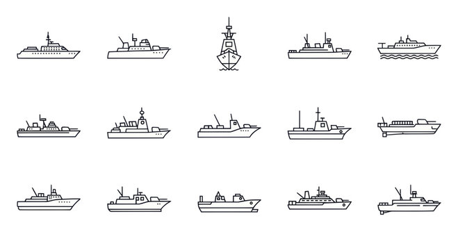 Set of navy ships, military vessels, and warships icons