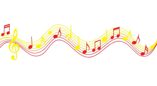 Wavy musical staff with red and yellow notes and treble clef