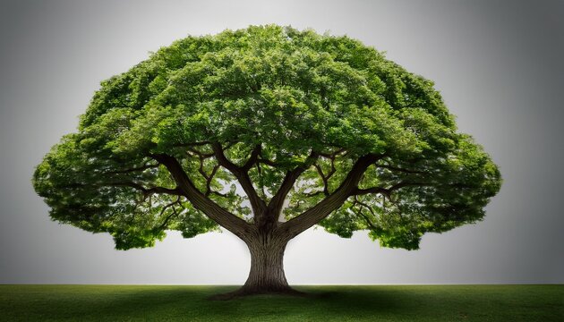 a solitary lush green tree with a full rounded canopy stands against a minimalist light grey background the tree s thick trunk and branches are visible beneath the dense foliage