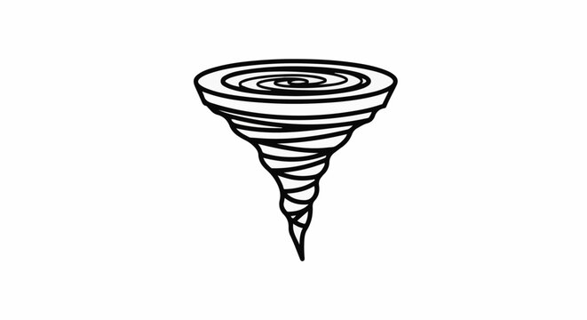 Simple black and white illustration of a swirling funnel-shaped storm