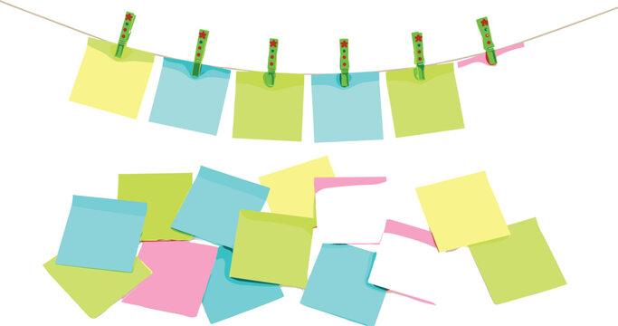 Colorful sticky notes hanging on clothesline with paper clips, creative memo reminders set for organization and planning in playful flat vector illustration