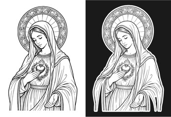 Fototapeta premium Virgin Mary sacred heart illustration elegant line art engraving style catholic religious vector design in monochrome
