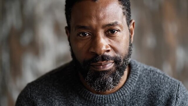 Middle aged black man with salt and pepper beard looking thoughtfully