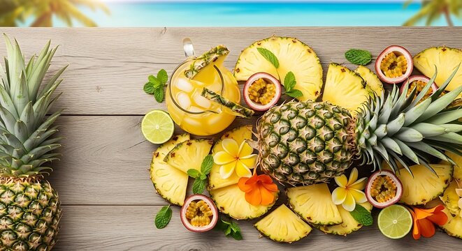 Top view of pineapple slices and tropical fruits on wooden table by ocean