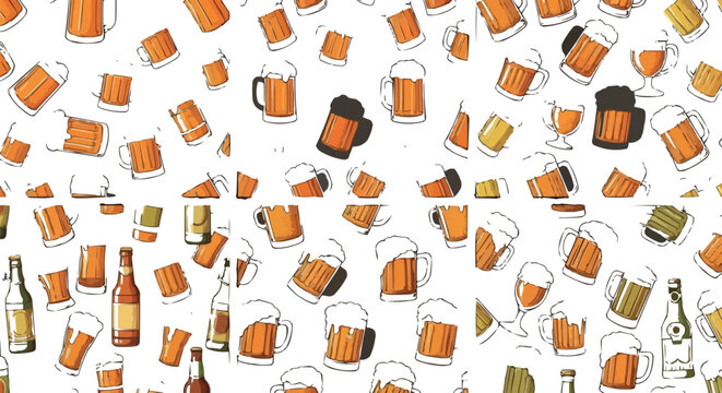 Beer drink seamless pattern collection with frothy mugs bottles and brewery beverage vector illustration backgrounds