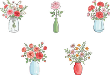 Obraz premium Hand-drawn Floral Arrangements in Vases - Pink Roses, Wildflowers, and Seasonal Blooms for Botanical Illustration