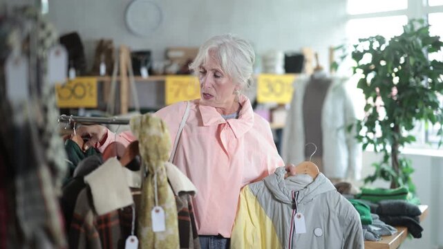 Elderly woman buyer choosing down jacket in clothing store