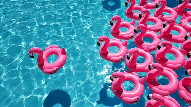 Pink flamingo pool floats in clear blue swimming pool