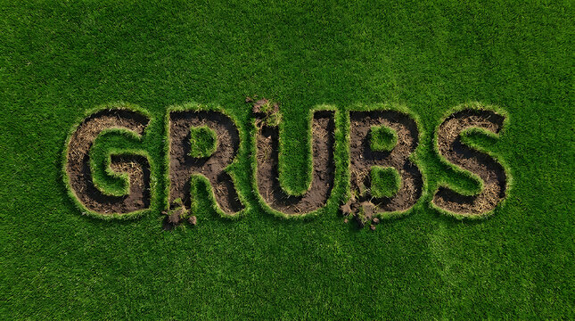 Word grubs carved into a lush green grass lawn representing garden pest infestation and lawn maintenance issues.