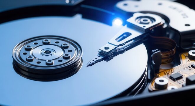 Close up view of the internal components of a computer hard disk drive.