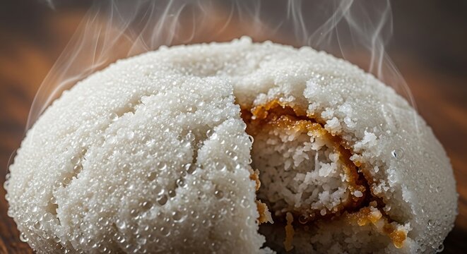 Extreme close up of bhapa pitha with glistening steam droplets and rich coconut jaggery interior core.