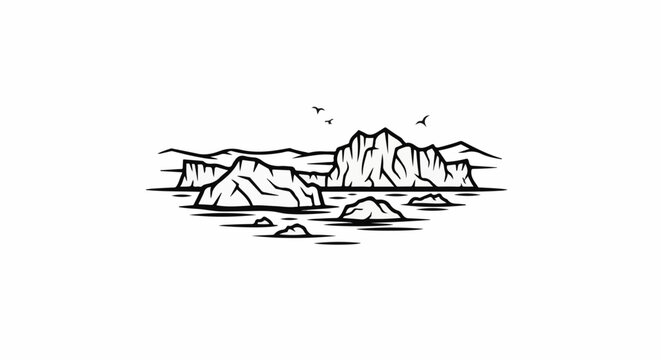 Stylized black and white illustration of icebergs floating in calm water