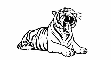 Obraz premium Stylized black and white line art of a roaring tiger resting on a white background