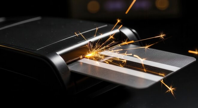 Credit card is inserted into a terminal emitting bright sparks during a payment transaction.