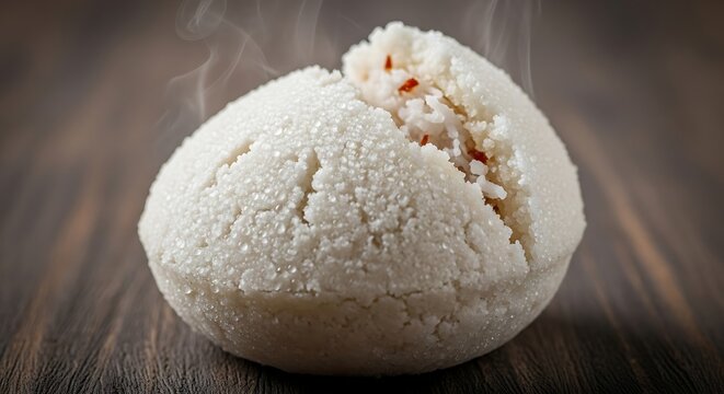 Steaming hot rice cake with coconut filling isolated on dark wooden table top for culinary breakfast.