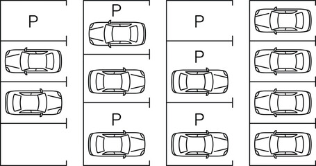 Parking Lot Icon Set with Car Parking Spaces, Vehicles, and Parking Signs for Urban Planning and Transportation Applications © Bappi