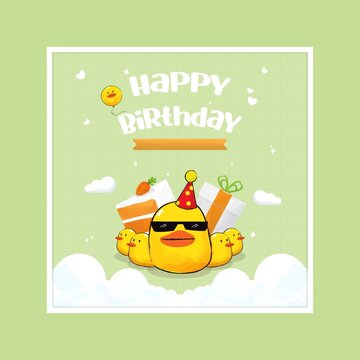 Happy Birthday Greeting Card with Cute Duck Character and Gifts