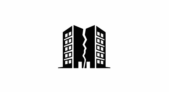 Stylized black icon depicting a building split vertically down the middle