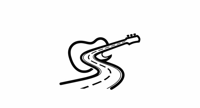 Stylized guitar body forms a road for travel and music