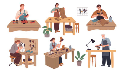 Fototapeta premium Shoemakers characters. People repair and create shoes, skin cutting, skin cutting, painting and piercing, working process in workshop, leather footwear, garish vector cartoon isolated set