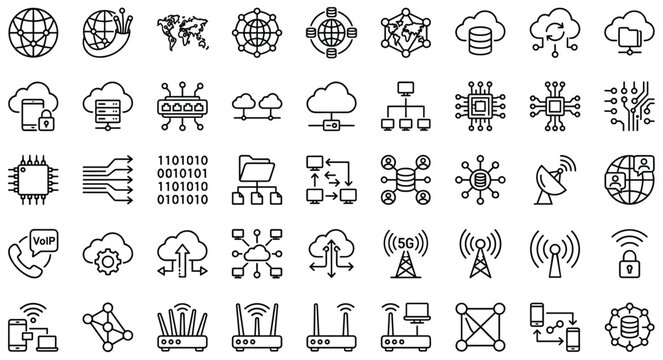 Networking and Technology Icon Set with Cloud, Data, Security, Communication, and Connectivity Symbols for IT and Tech Applications