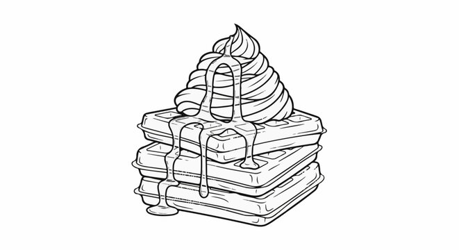 Stacked waffles topped with whipped cream and drizzled with syrup