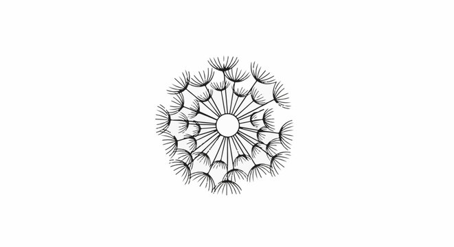 Stylized black line art of a dandelion seed head on a white background