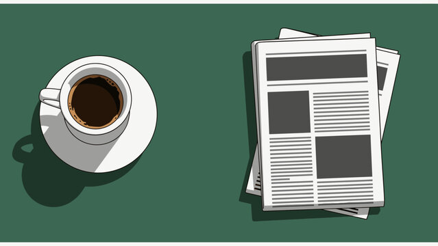 Overhead view of a steaming cup of coffee next to a stack of newspapers on a green table, morning routine