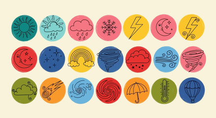 Naklejka premium Collection of colorful circular icons representing various weather phenomena and atmospheric conditions.
