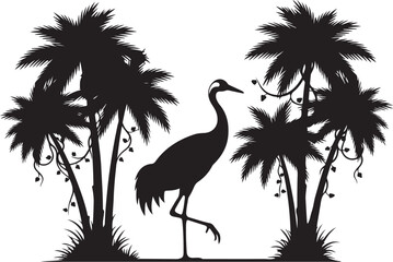 Fototapeta premium Black silhouette of a crane standing between two palm trees