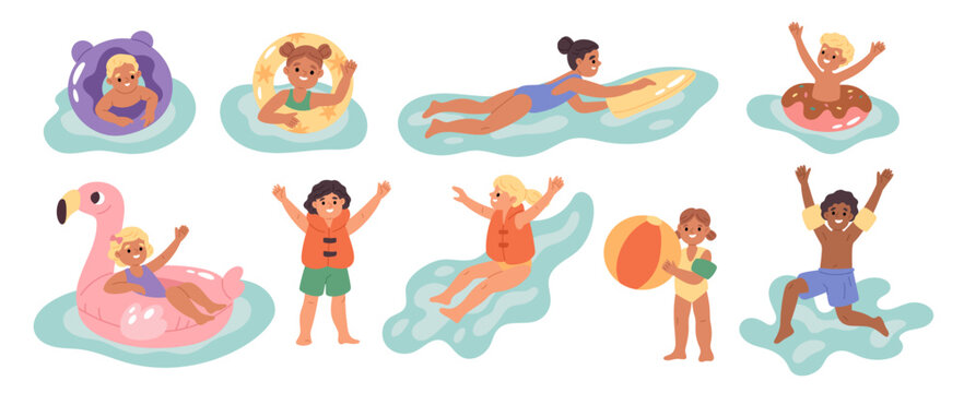 Kids safety in water. Happy children with inflatable mattresses, life jackets and rings, aquapark characters in pool floats, swimming leisure activities, garish vector cartoon isolated set