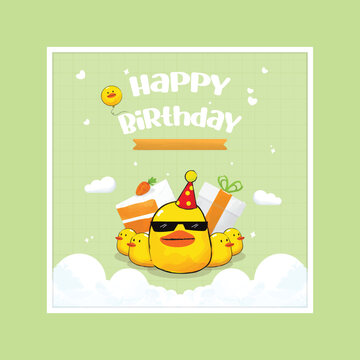 Happy Birthday Greeting Card with Cute Duck Character and Gifts