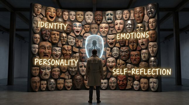 Man facing a wall of expressive masks, concept of identity, emotions, personality and self-reflection, 3d render 
