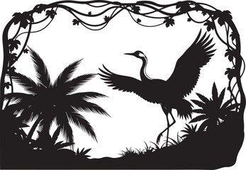 Fototapeta premium Black silhouette of a crane standing with wings spread bird