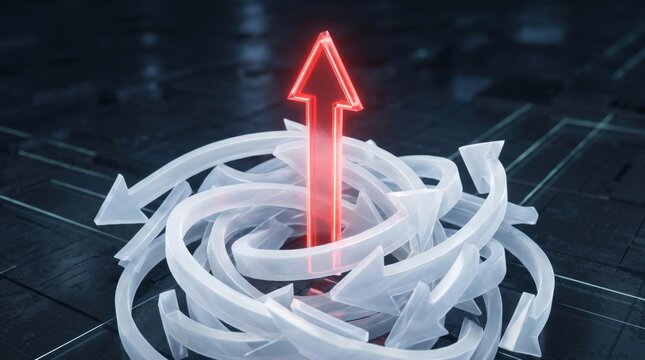 Single red arrow pointing upward among chaotic white arrows representing standout leadership and strategic direction, 3d render 
