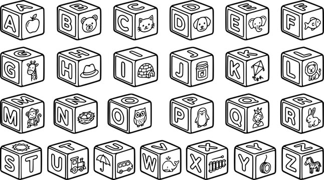abc blocks child toy icons collection, 3d alphabet cube render illustrations for preschool learning, early childhood education, playful teaching tools, learning activities, and educational vector 