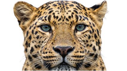 Close-up portrait of leopard face, intense blue eyes, intricate spotted pattern on head, majestic wild animal gaze, isolated on transparent background © ATIQULISLAM