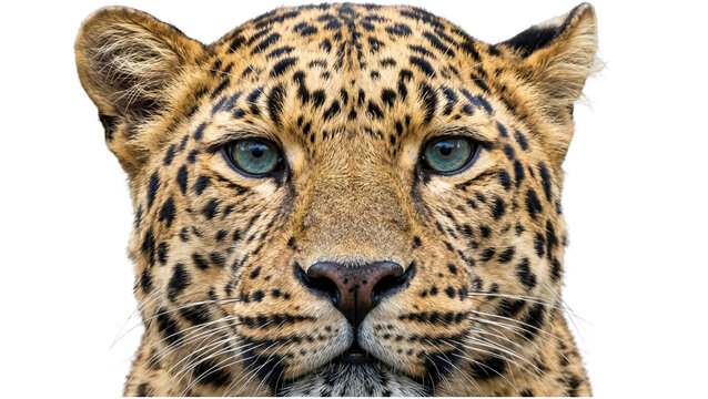 Close-up portrait of leopard face, intense blue eyes, intricate spotted pattern on head, majestic wild animal gaze, isolated on transparent background