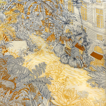 Illustration of vintage oriental Chinese with floral, trees, and leaves pattern sewn on a white and gold fabric background. Suitable for wallpaper, upholstery. Seamless background texture.