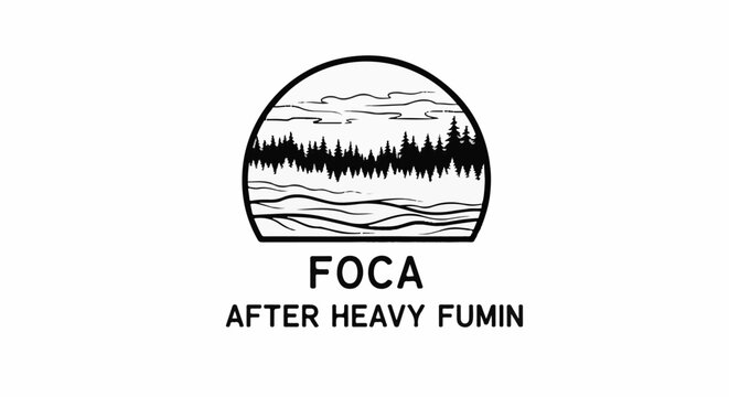 Stylized forest and water scene within an oval, with text below