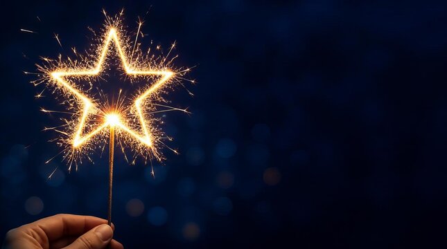 Hand holding star shaped sparkler on dark background with bokeh lights