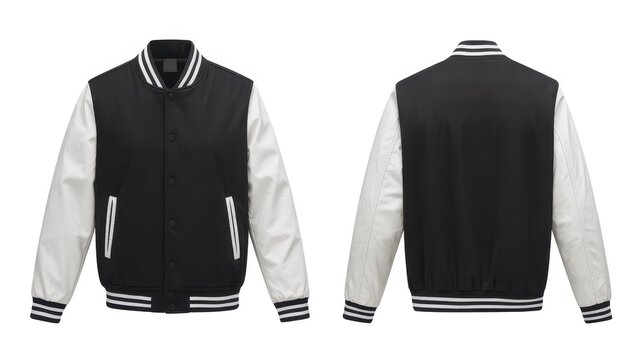 Blank black and white varsity jacket, front and back views, isolated on white background