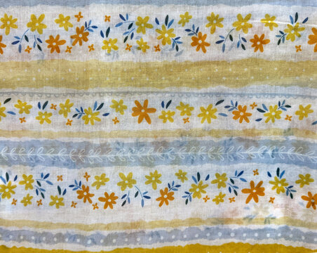Graphic background of random flower and leaves pattern, in vibrant yellow, blue, orange, and white color. Printed wallpaper and fabric concept. Seamless background texture.