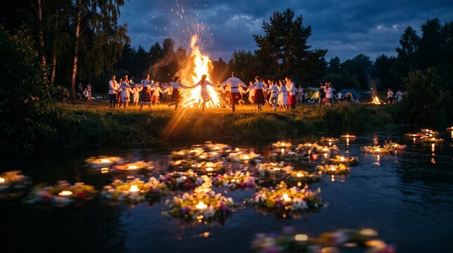 People Celebrating Ivan Kupala Night by the Lake with Bonfires and Floating Floral Wreaths, Embracing Slavic Traditions and Mystical Summer Rituals.