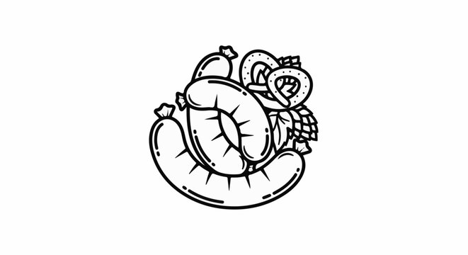 Stylized illustration of sausages, pretzel, and hop cones in black and white