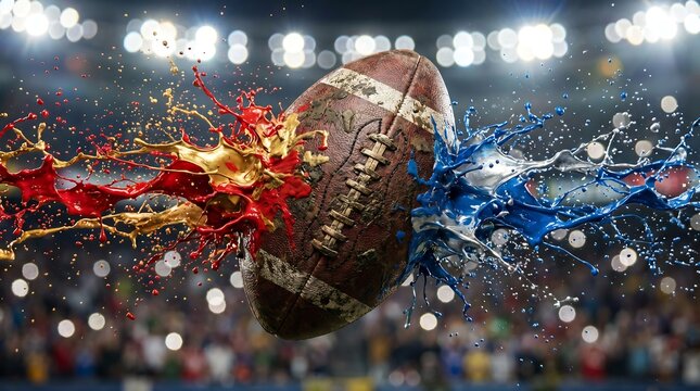 American football with red, Gold, And blue paint splashes on a stadium field at night